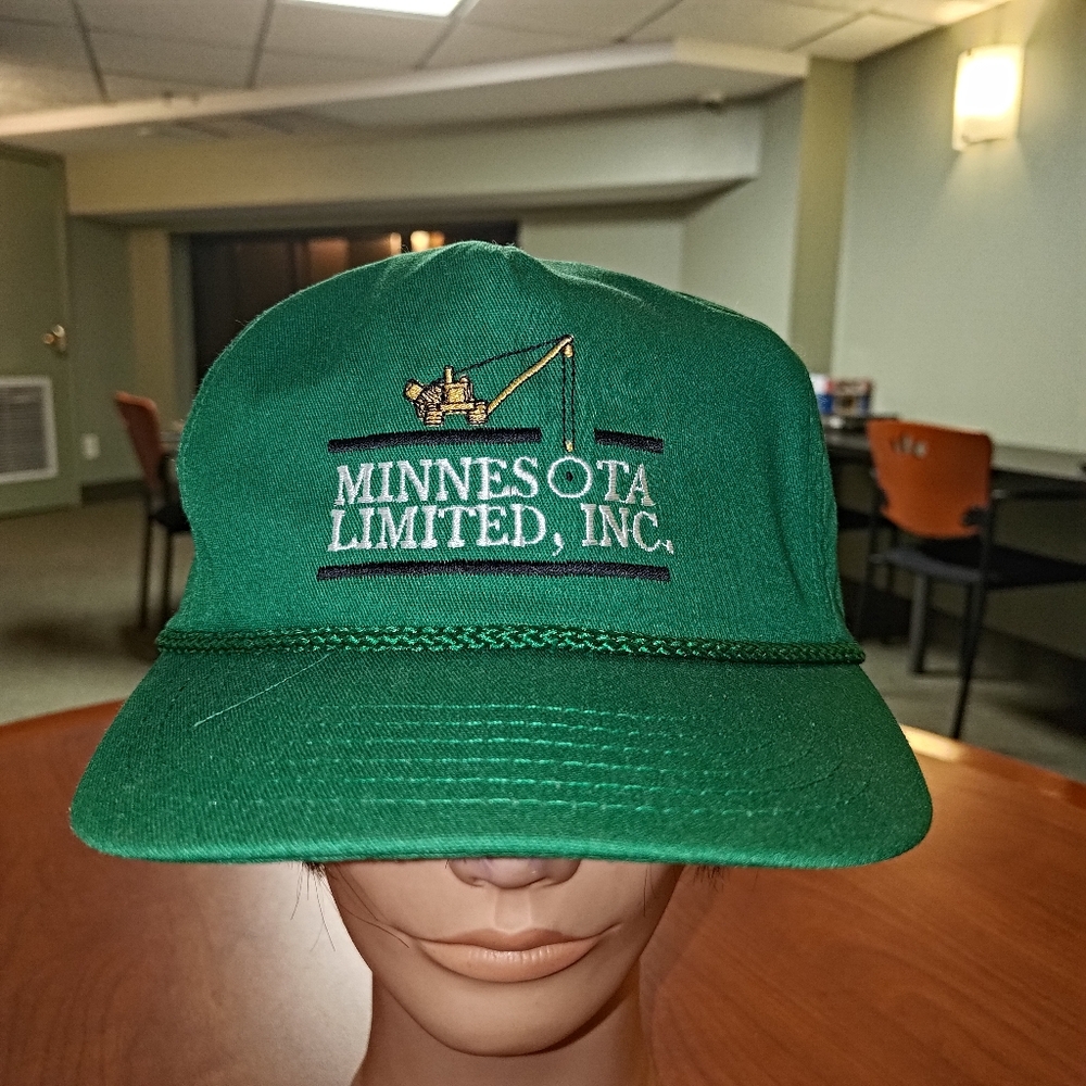 Vtg Minnesota Limited, Inc. Embroidered Logo Leather Strap Green Cap Hat w/Rope